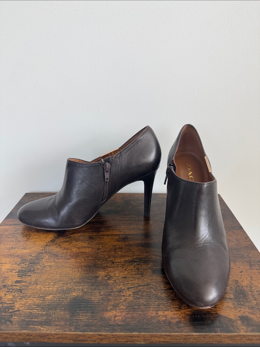 Coach Dark Brown Leather Ankle Booties with Gold Accent - Picture 3 of 12